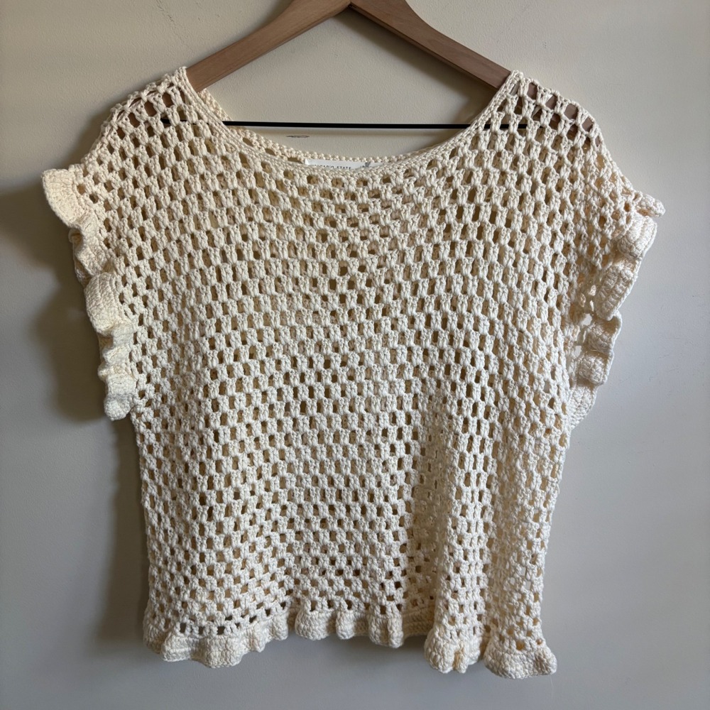 Altar'd State Crochet Top Ivory Ruffle Flutter Sleeve Open Knit Boho Cream L